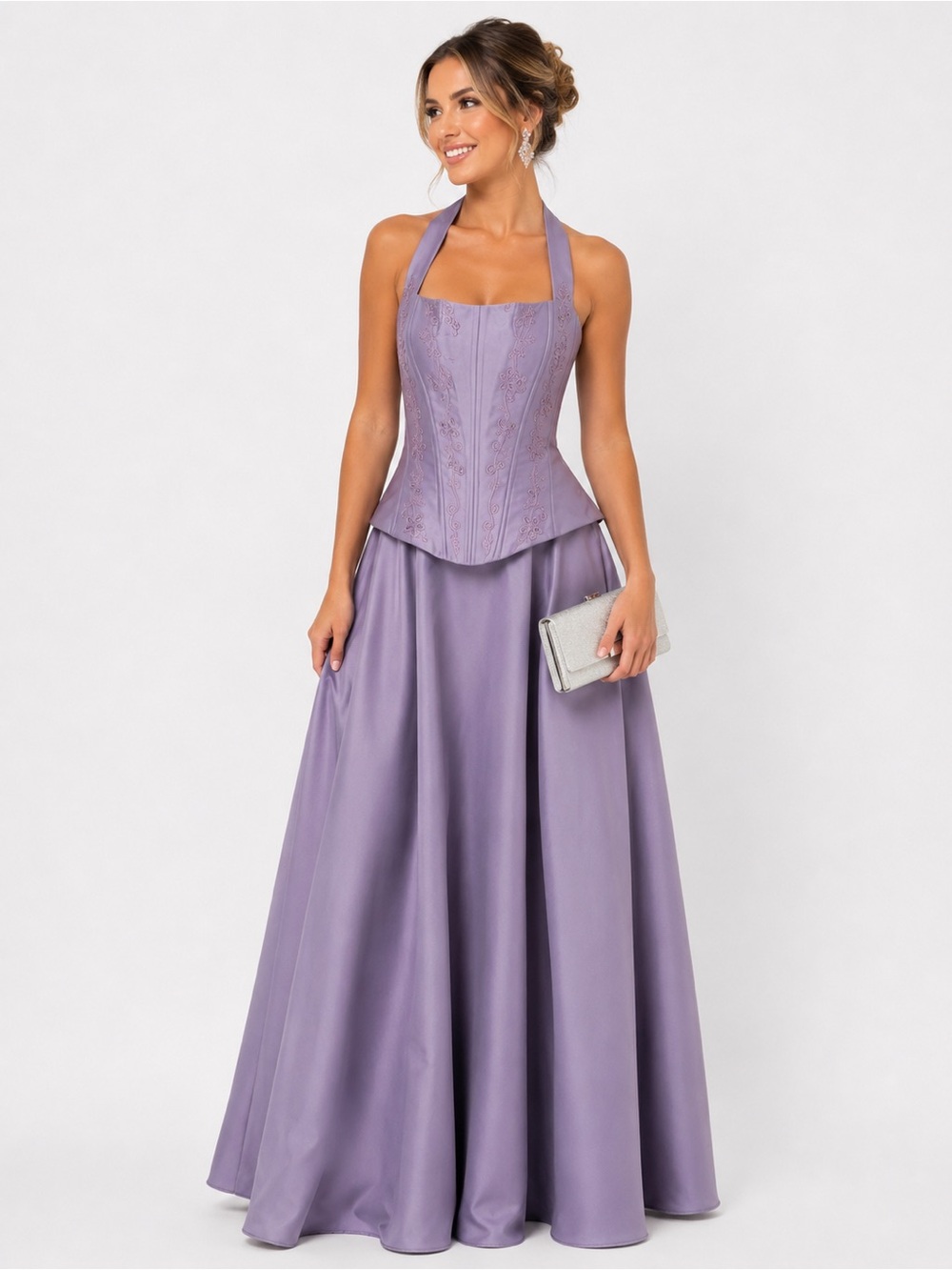 Michaelangelo Lilac Halter Corset Gown with Embroidered Bodice